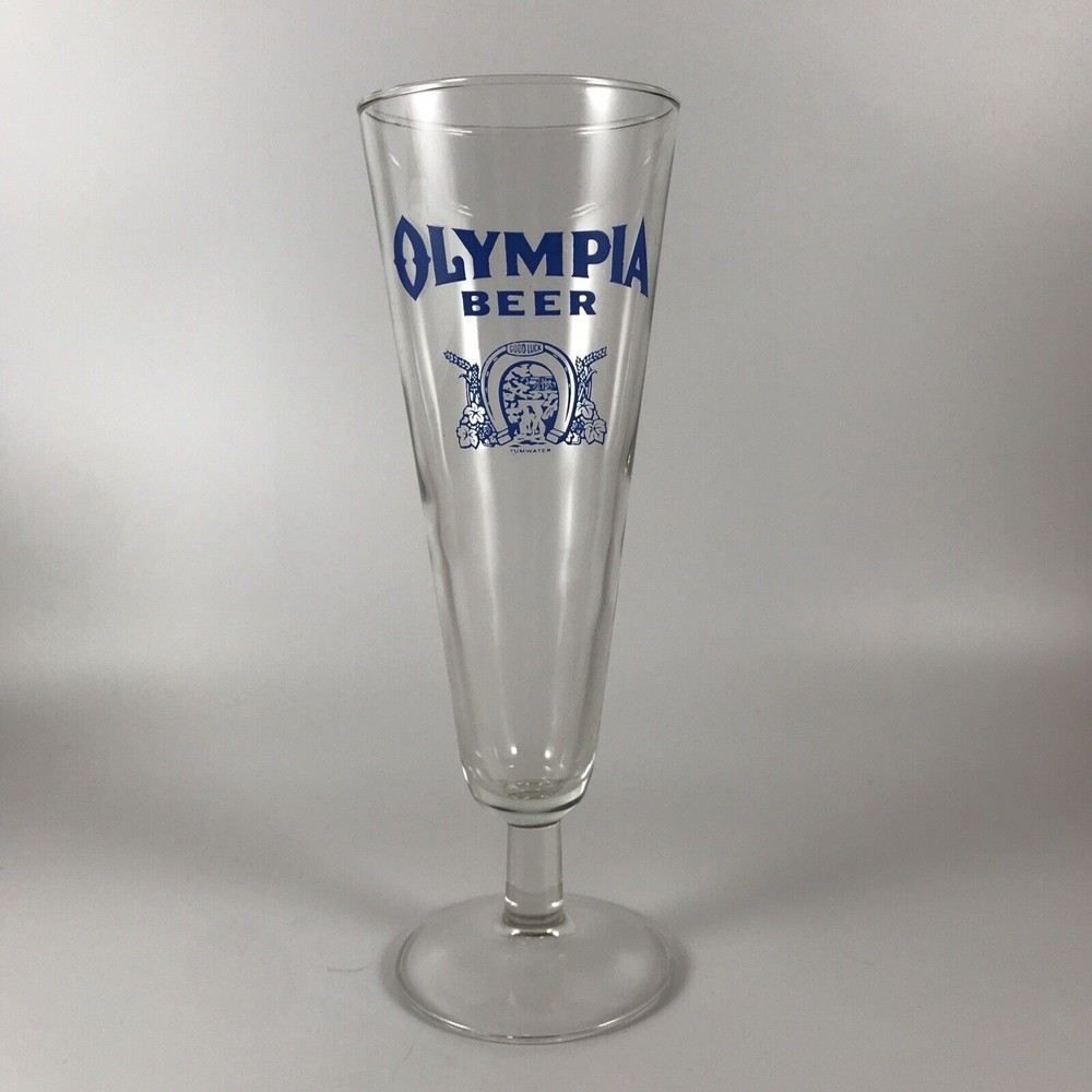 Vintage Olympia Beer Footed Pilsner Glass Blue Good Luck Horseshoe Logo Tumwater